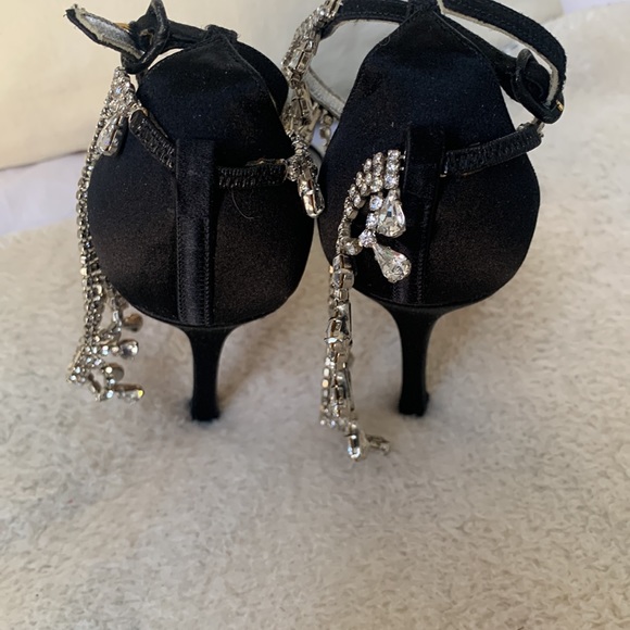 Black Satin Luxurious 4 inch Sandals with Crystal ankle bracelets. - Picture 4 of 6